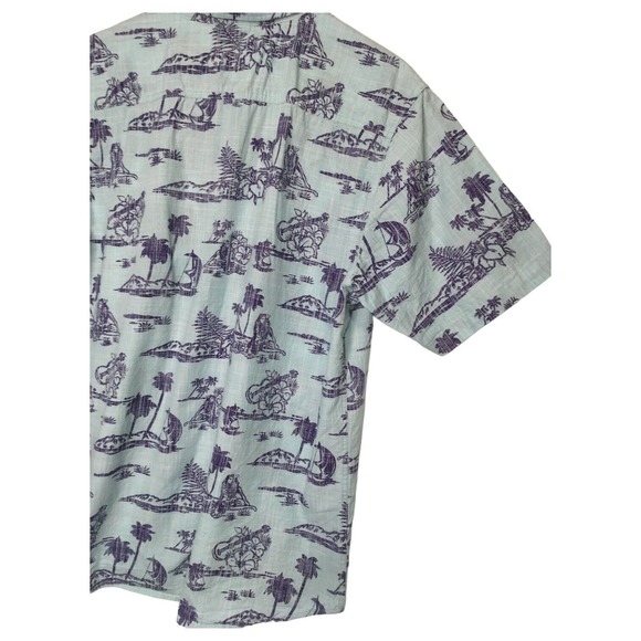 Rustic Blue Top Mens L Hawaiian Tropical Cotton Button Up Short Sleeves Blue - Picture 10 of 11